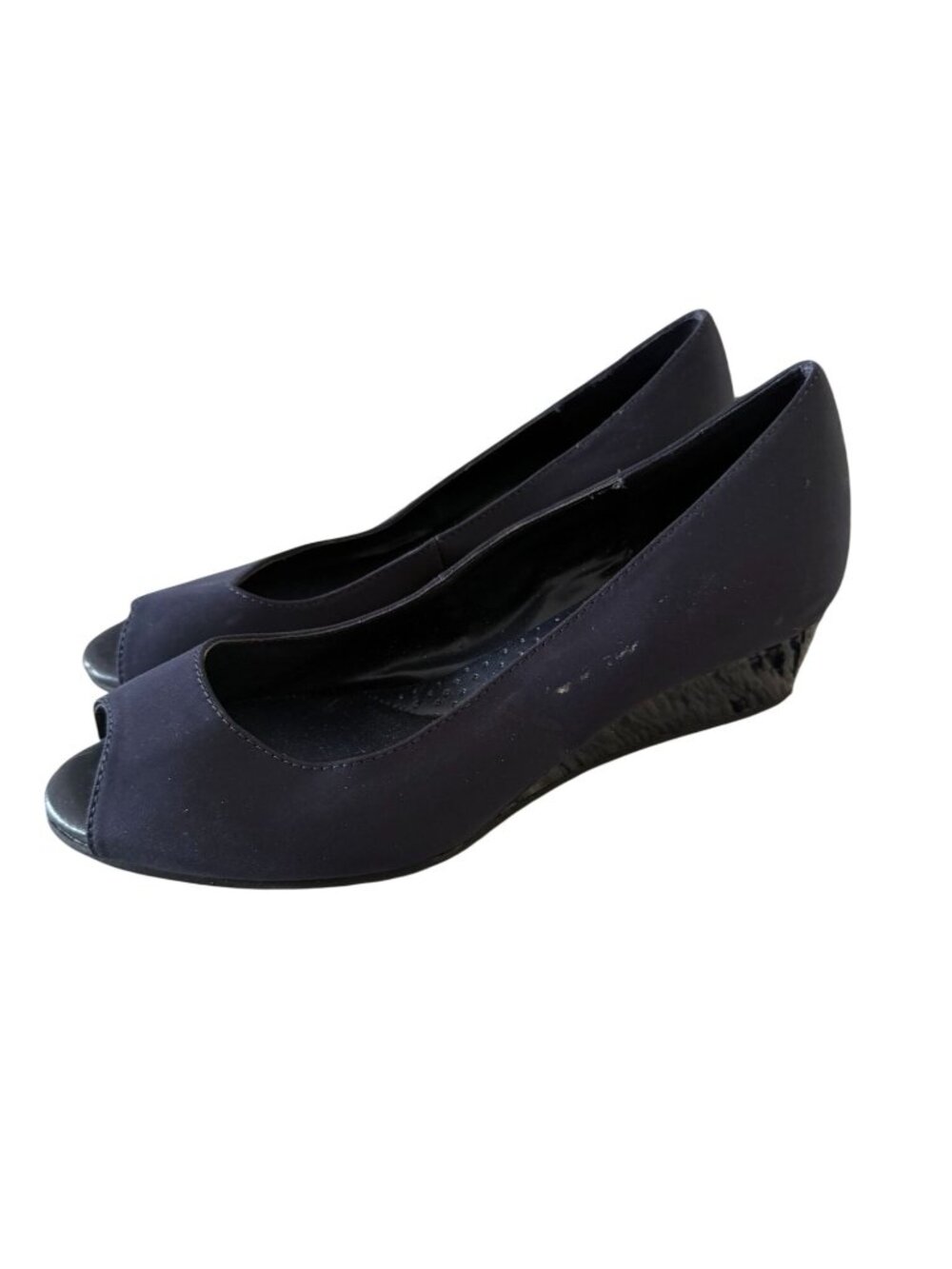 BANDOLINO Navy Fabric Peeptoe Wedges Size 7.5W